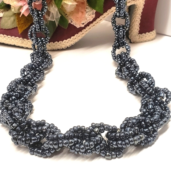 Hand Crafted Jewelry - Hematite Beaded Double Chain Link Seed Bead Necklace Handmade Statement Necklace
